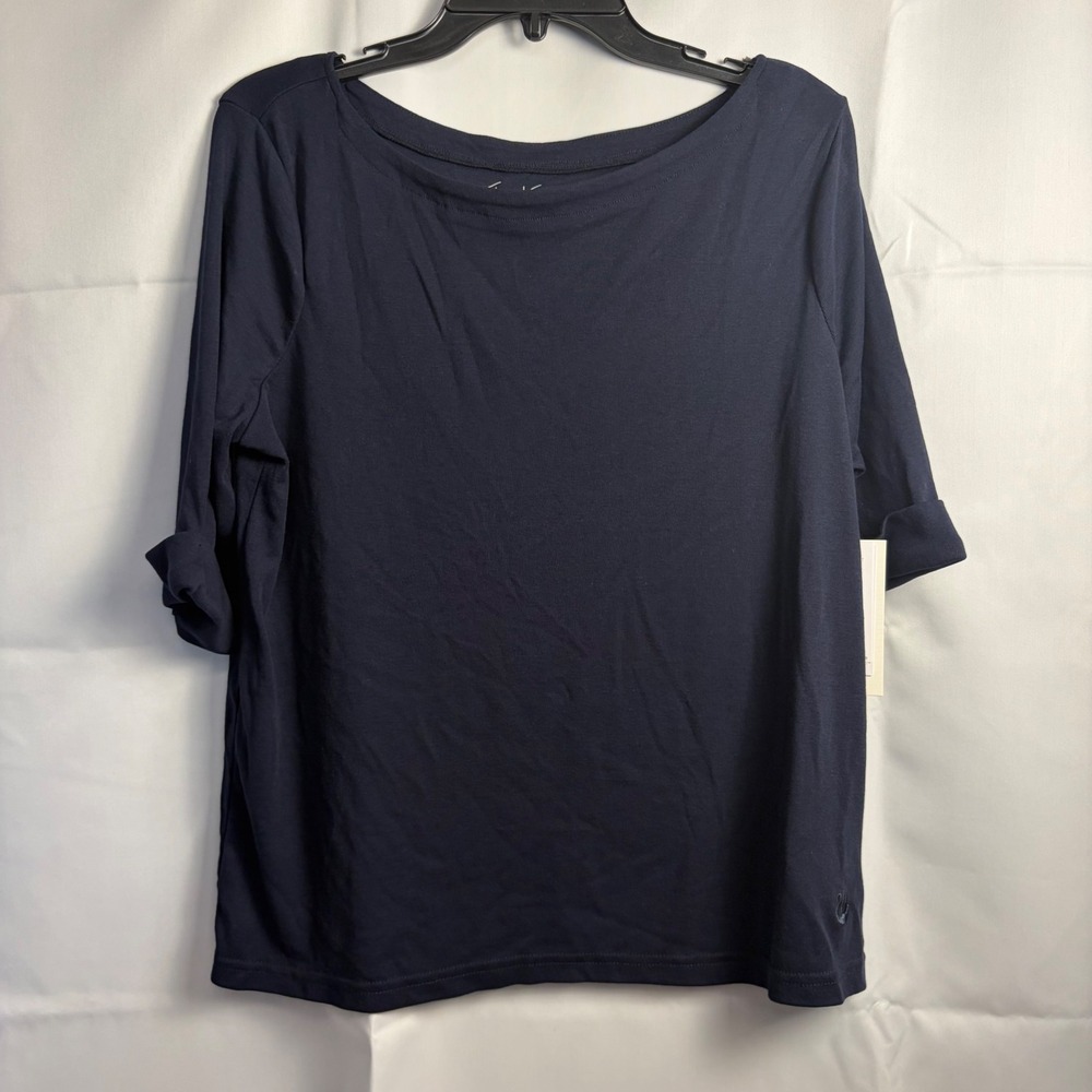 Gloria Vanderbilt Navy Blue Boat Neck Top XL Elbow Sleeve DGVK8058 NEW
